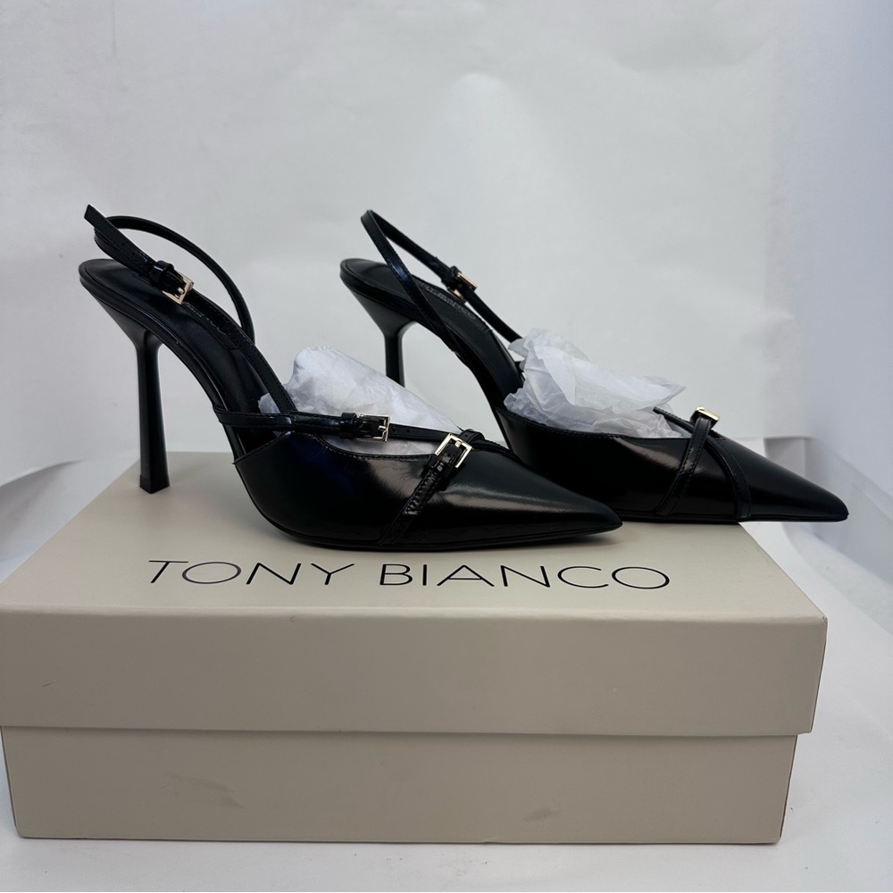 Tony Bianco Garda Sling Back in Black Hi Shine leather pointed toe high heel - Picture 4 of 10